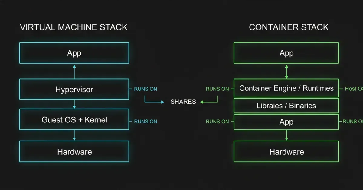 A simple diagram showing a VM running a full guest OS and kernel on a hypervisor, versus containers sharing the host OS kernel and isolating apps.