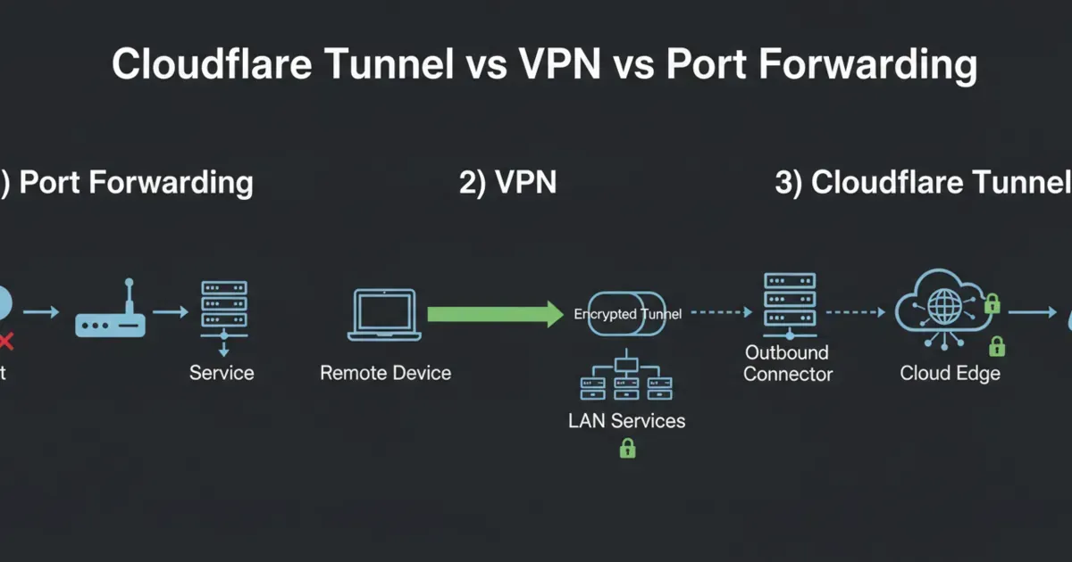 A comparison diagram showing three remote access paths: port forwarding (direct inbound), VPN (private access), and Cloudflare Tunnel (outbound-only connector). Alt text includes the focus keyword: cloudflare tunnel vs vpn vs port forwarding.