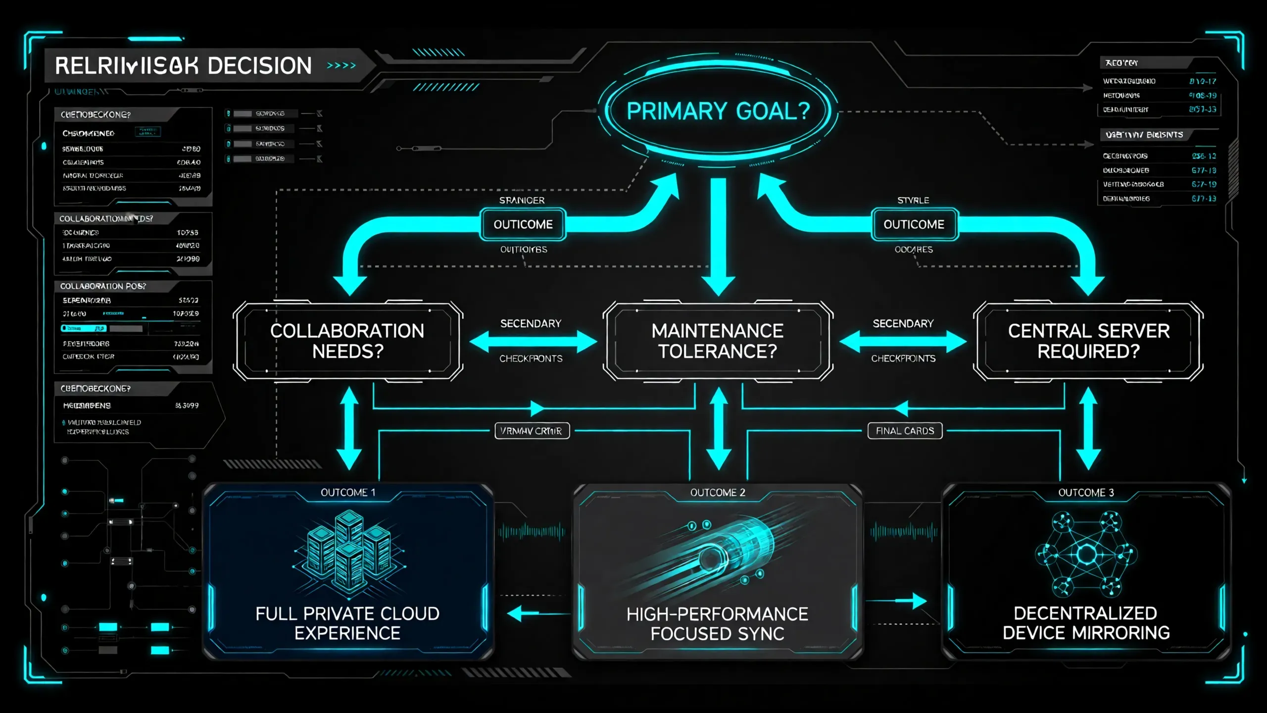 Decision flowchart for choosing Nextcloud, Seafile, or Syncthing based on sharing needs, sync performance goals, and decentralized device mirroring.