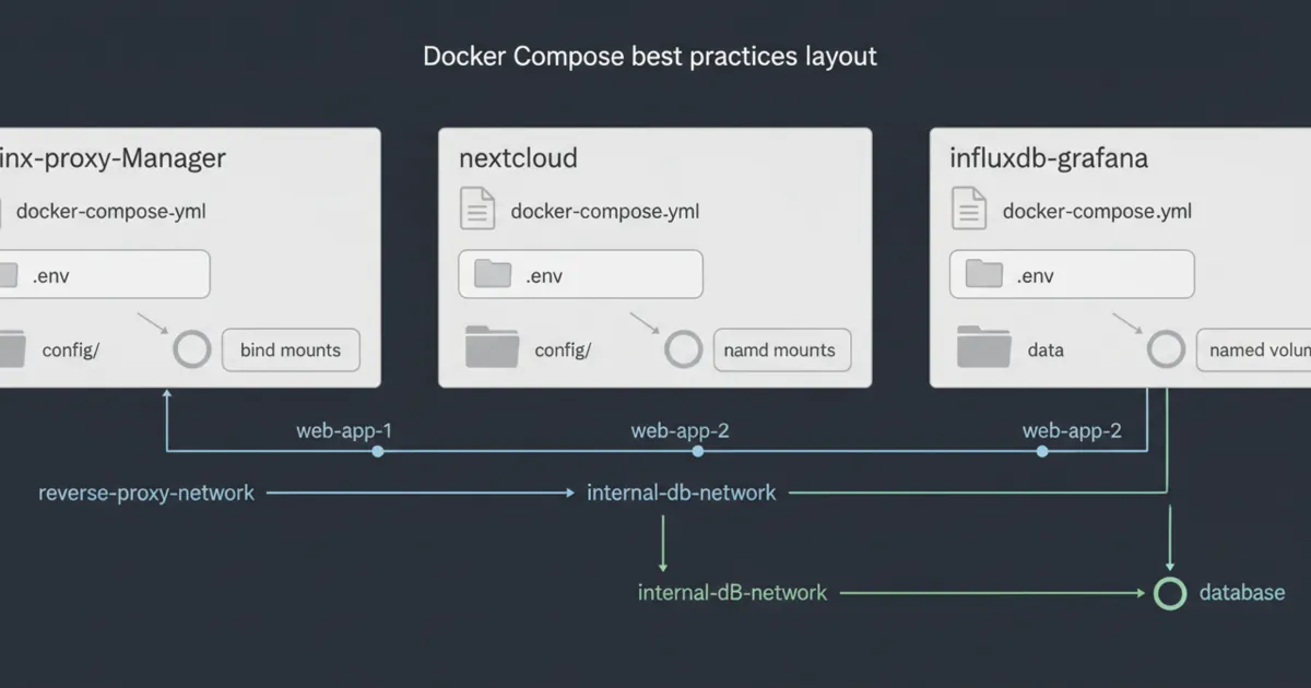 A diagram showing a standard homelab Compose layout: one folder per stack, config bind mounts, named volumes for data, and a shared reverse-proxy network. Alt text includes the focus keyword: docker compose best practices.