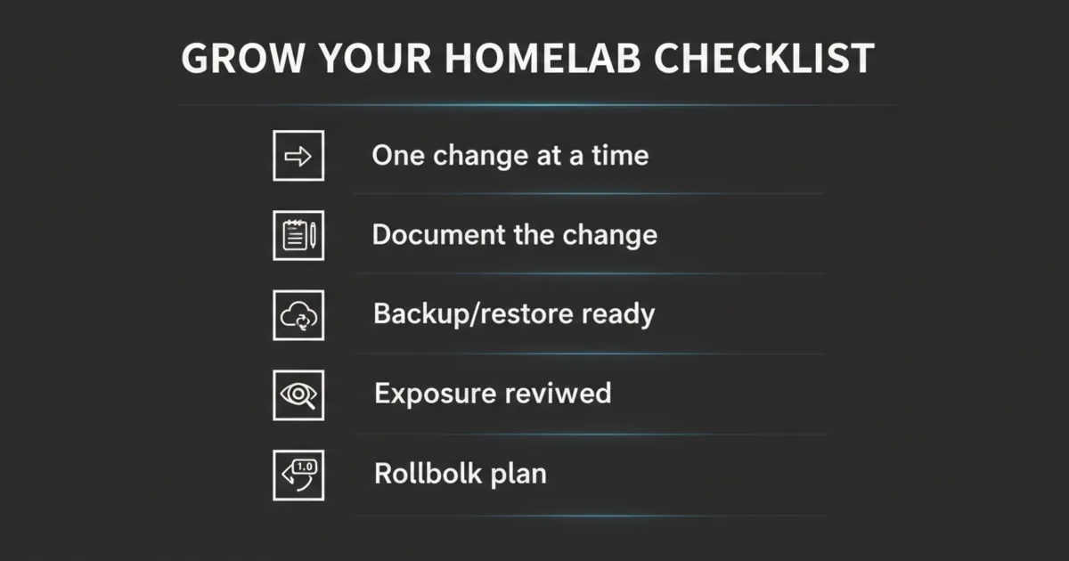 A one-page checklist graphic for growing a homelab safely: baseline, backups, one-change rule, exposure review, and rollback plan.