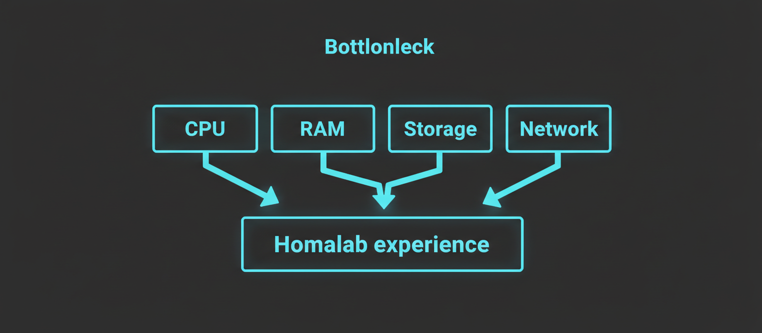 Diagram showing CPU, RAM, storage, and network as potential bottlenecks affecting homelab experience.