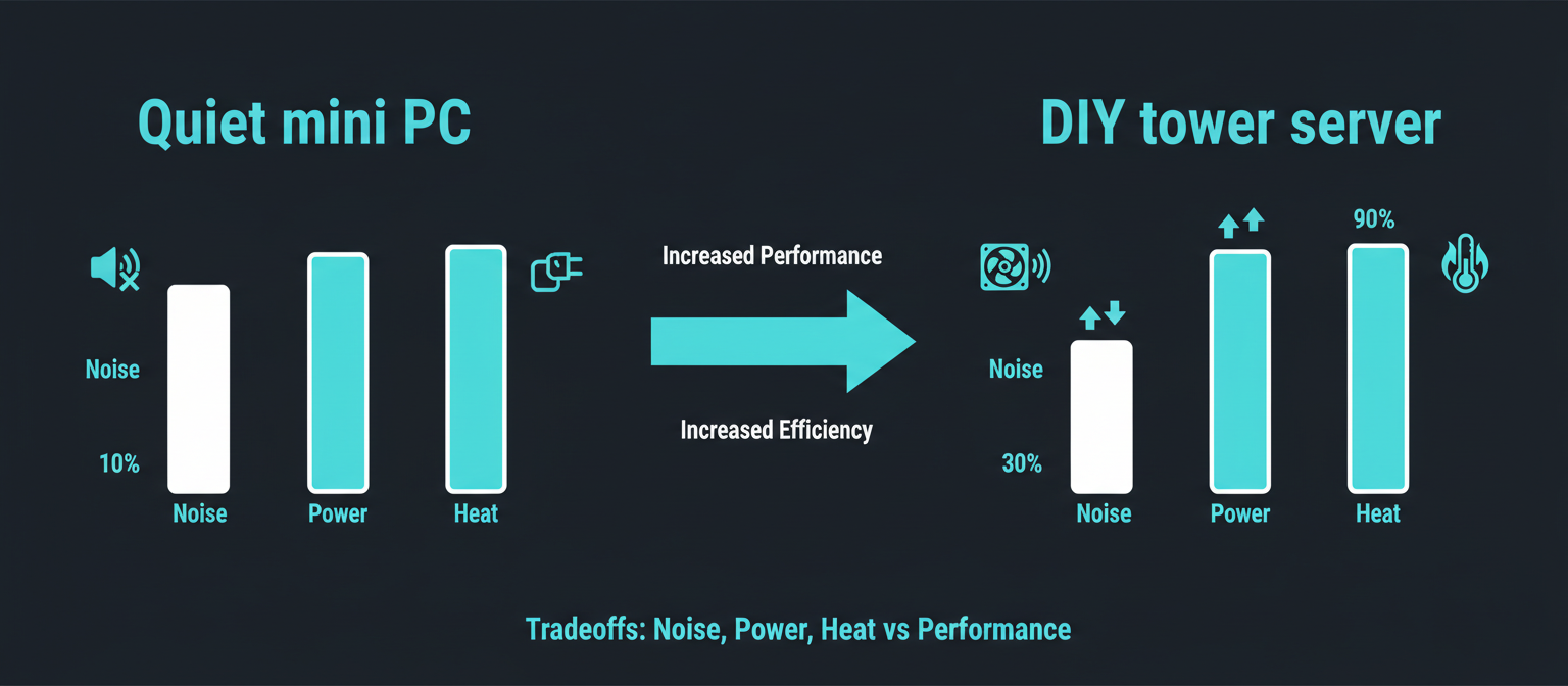 Visual comparing quiet low-power mini PCs versus louder higher-power server builds across noise, power, and heat.