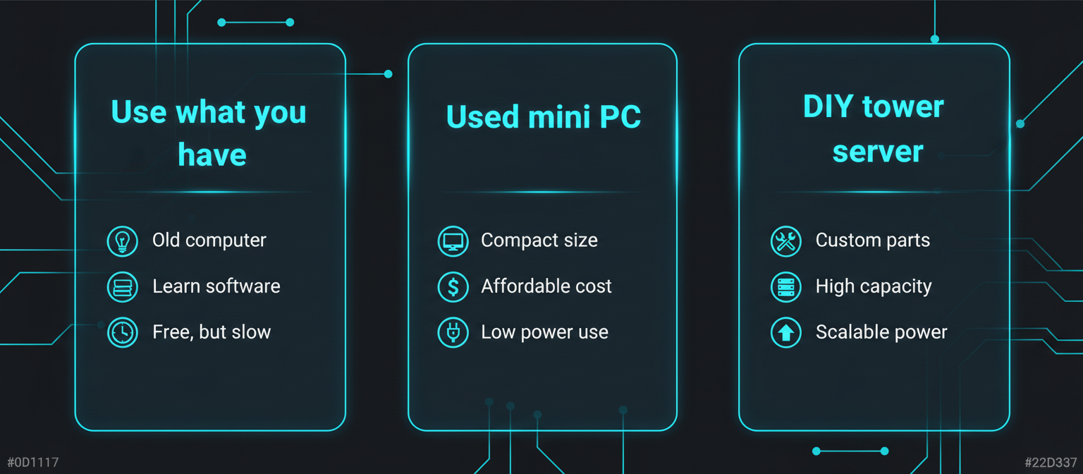 Infographic comparing three beginner homelab hardware tiers: use what you have, used mini PC, and DIY tower server.