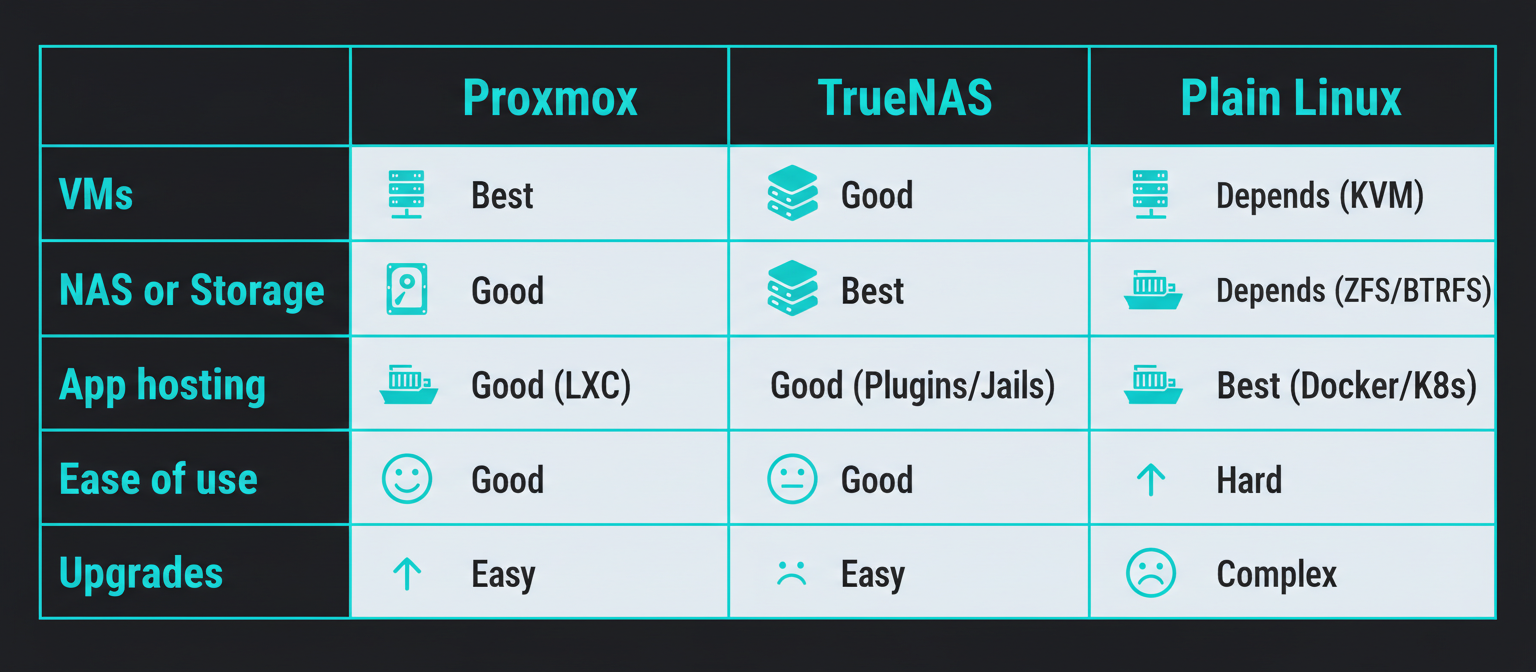 Comparison table of Proxmox, TrueNAS, and plain Linux for best use case, admin style, and trade-offs.