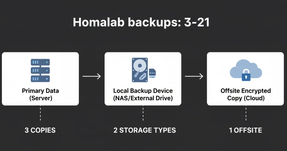 A simple 3-2-1 diagram showing primary data, a local backup on a different device, and an offsite encrypted copy. Alt text includes the focus keyword: homelab backups.