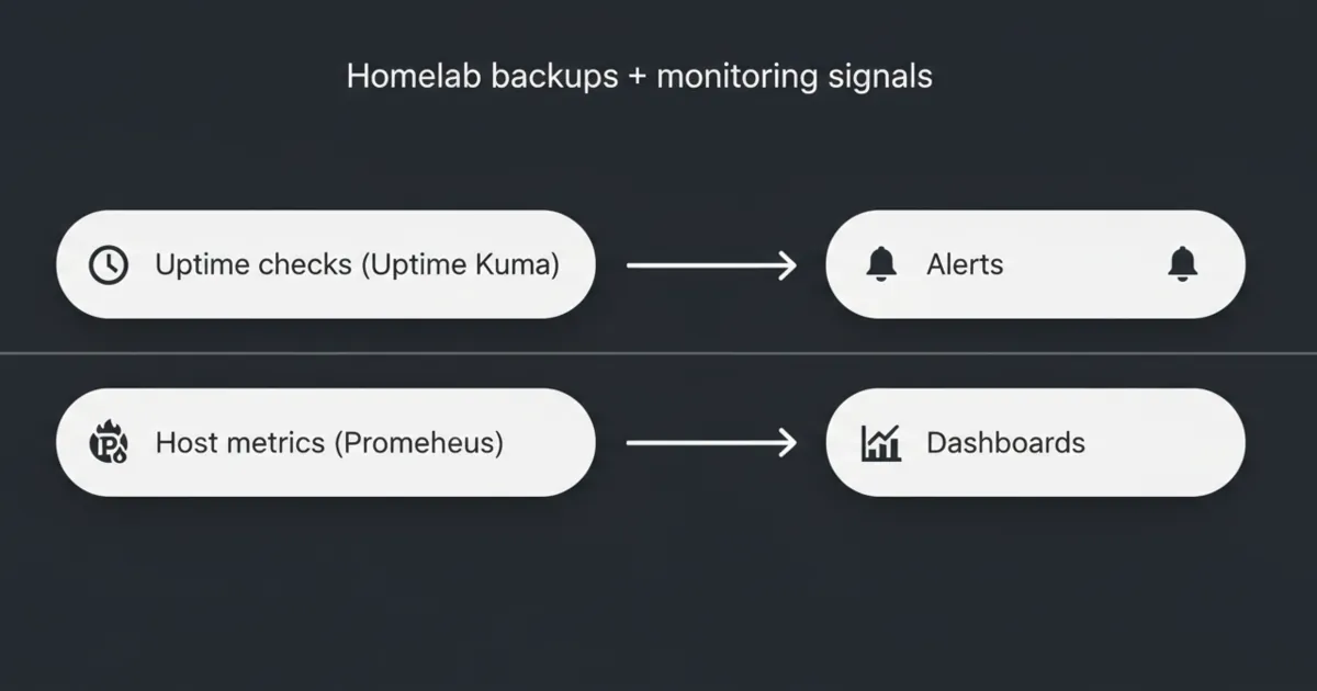 A simple monitoring stack diagram showing uptime checks, host metrics, and alerting. Alt text includes the focus keyword: homelab backups.