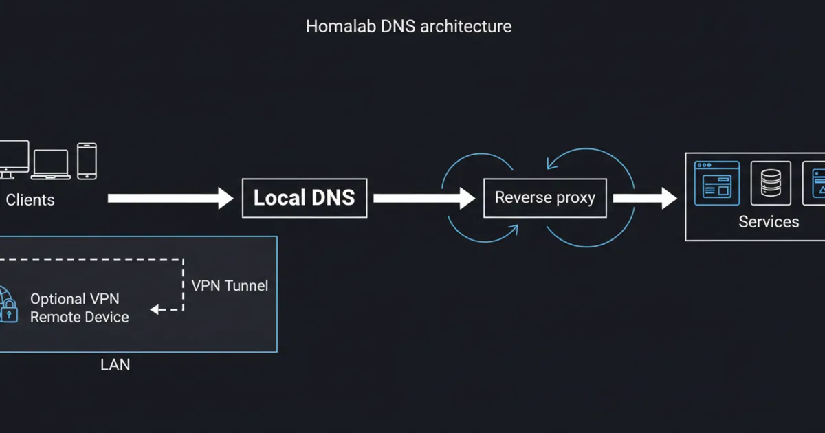 A homelab DNS diagram showing clients using local DNS for internal names, a reverse proxy for HTTPS routing, and an optional VPN for remote access. Alt text includes the focus keyword: homelab dns.
