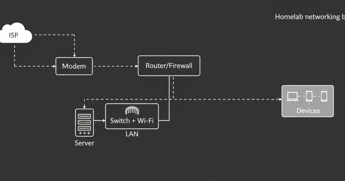 A simple homelab network diagram showing ISP modem -> router/firewall -> switch/Wi‑Fi -> devices and a server running self-hosted services. Alt text includes the focus keyword: homelab networking basics.
