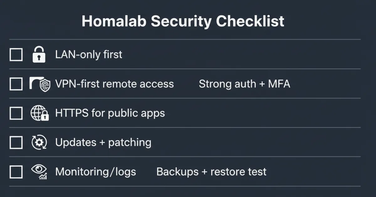 A one-page checklist graphic for homelab security covering LAN-only, VPN-first, updates, auth, backups, and monitoring.
