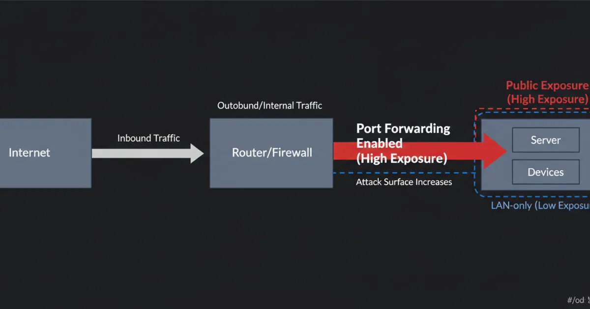 A simple diagram of a homelab threat model showing LAN-only services as low exposure, and internet-exposed services as high exposure. Alt text includes the focus keyword: homelab security.