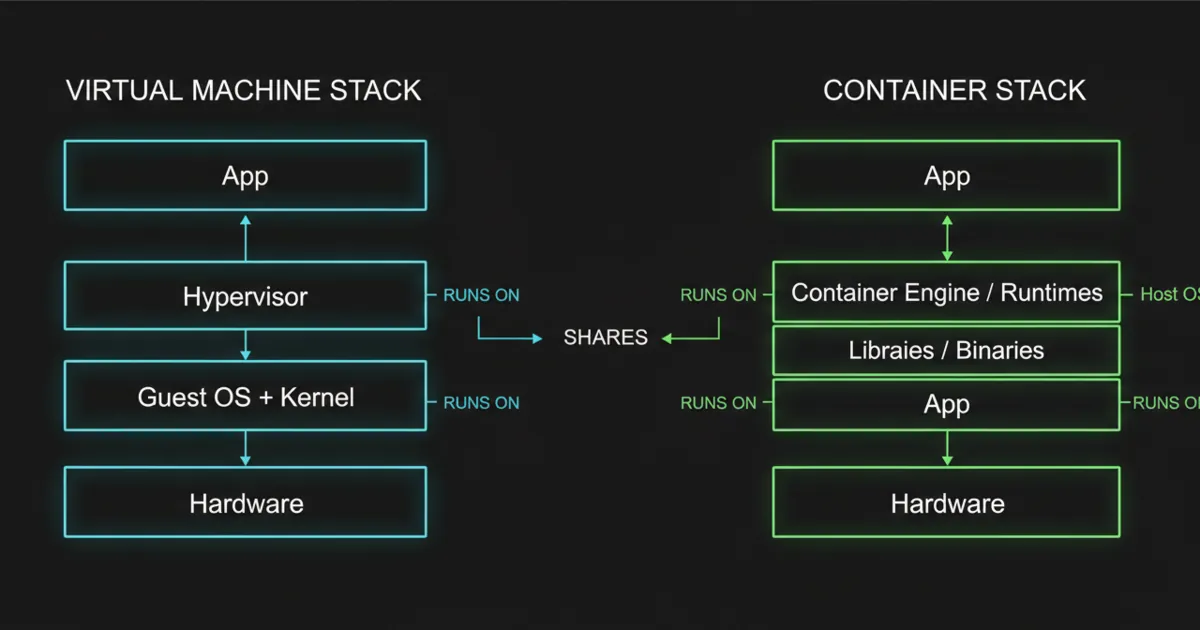 A simple diagram showing a VM running a full guest OS and kernel on a hypervisor, versus containers sharing the host OS kernel and isolating apps.