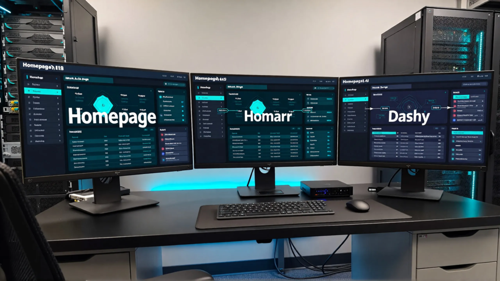Homepage vs Homarr vs Dashy comparison hero showing the three dashboard styles in a homelab setup