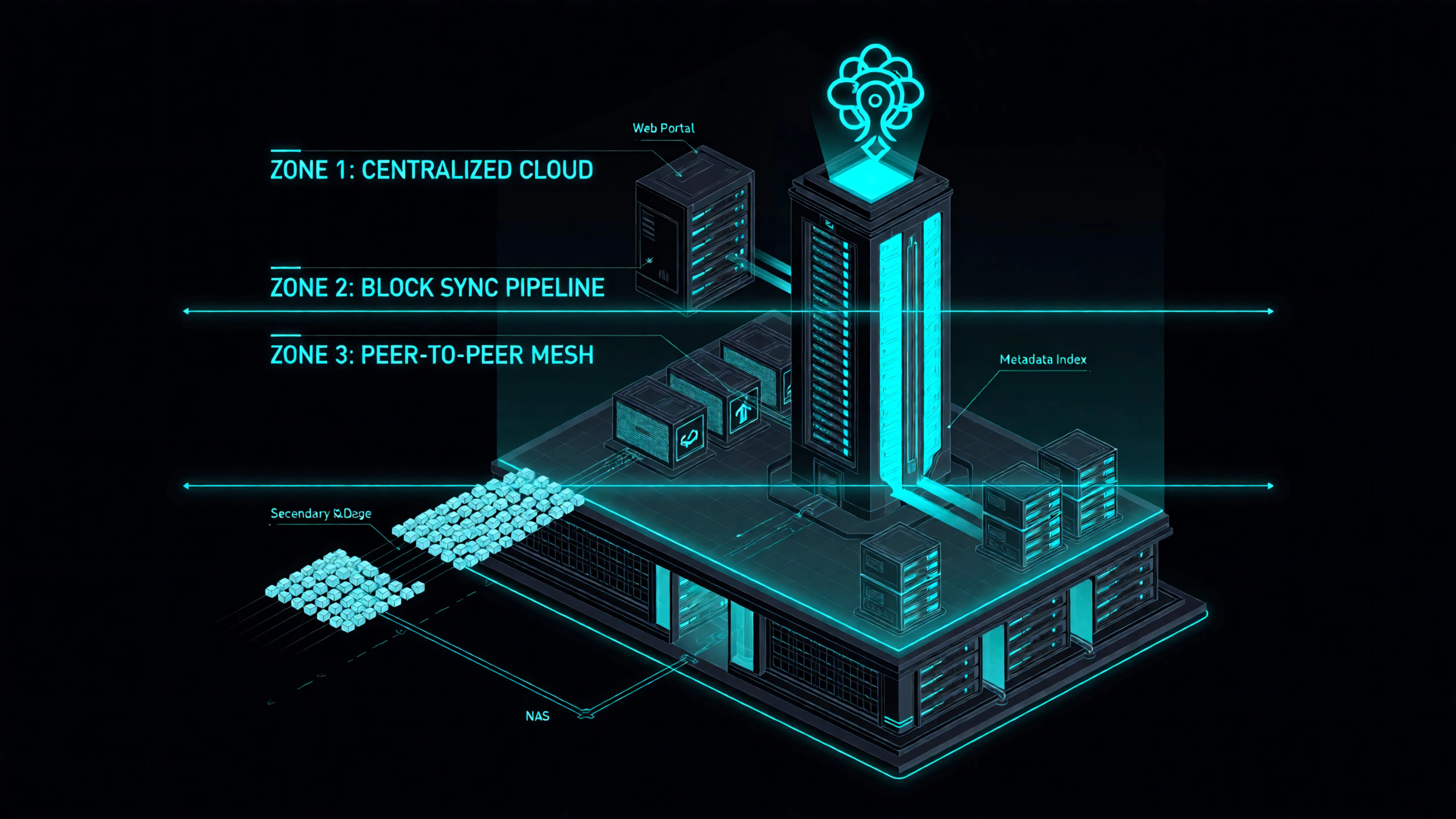 Architecture comparison showing Nextcloud centralized cloud stack, Seafile block-sync server model, and Syncthing peer-to-peer device mesh.