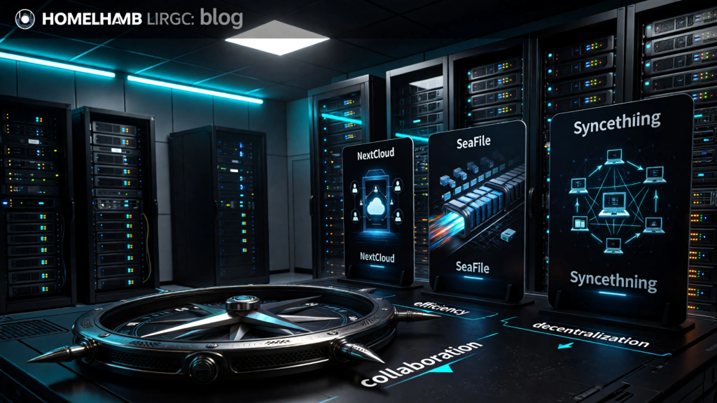 Comparison hero showing Nextcloud, Seafile, and Syncthing as three distinct self-hosted file platform models: private cloud suite, efficient sync engine, and decentralized device mesh.